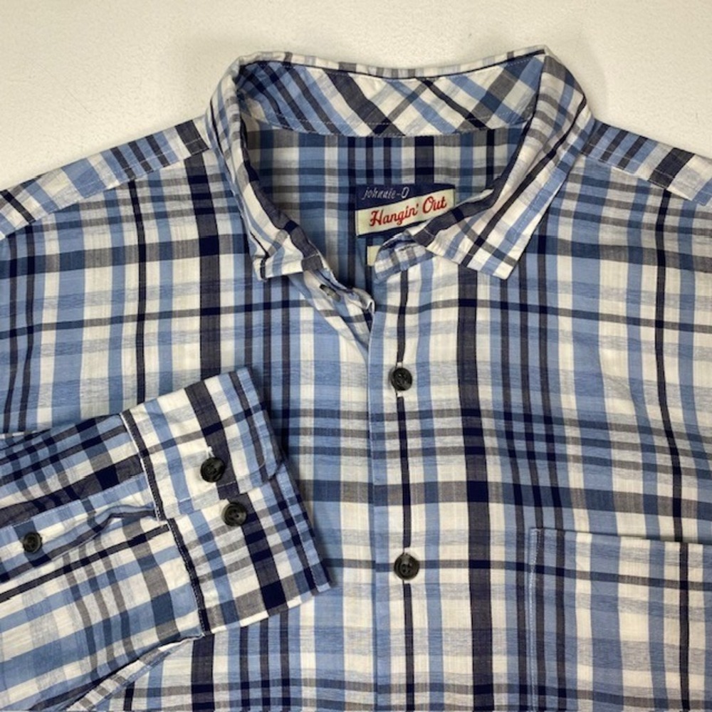 Johnnie-O Hangin Out Mens‎ Medium Blue Plaid Bamboo Blend Button Down Shirt L/S